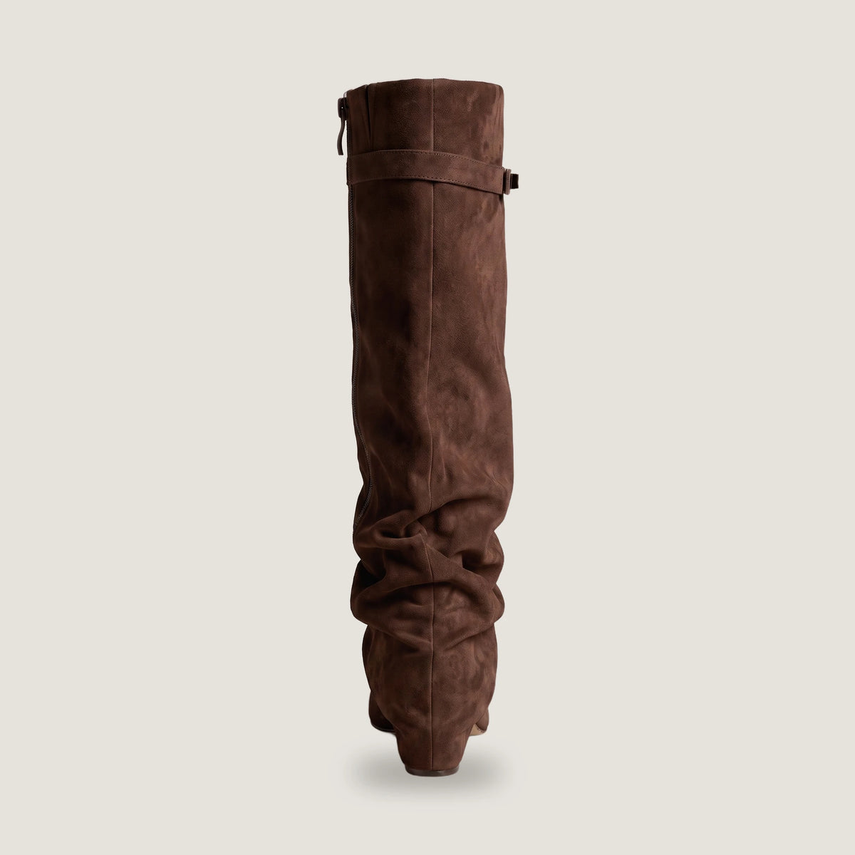 Back view of the dark brown Ravello knee boot showing the full length zip