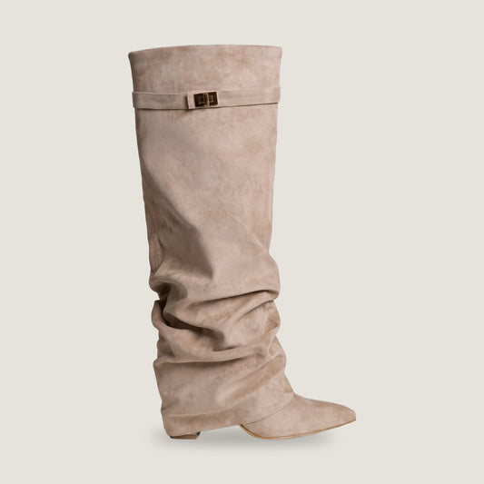 Ravello fold-over knee boot in beige suede, side profile