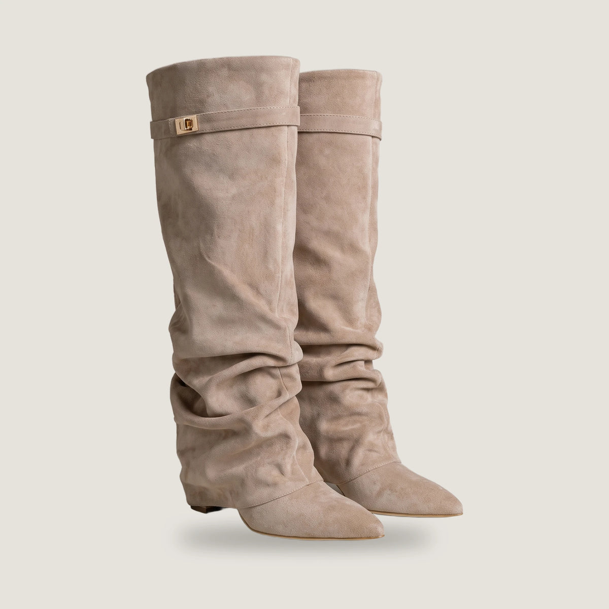 Pair of beige Ravello fold-over knee boots, three quarter view