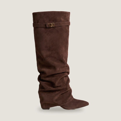 Ravello fold-over knee boot in dark brown suede, side profile