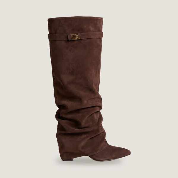 Ravello fold-over knee boot in dark brown suede, side profile