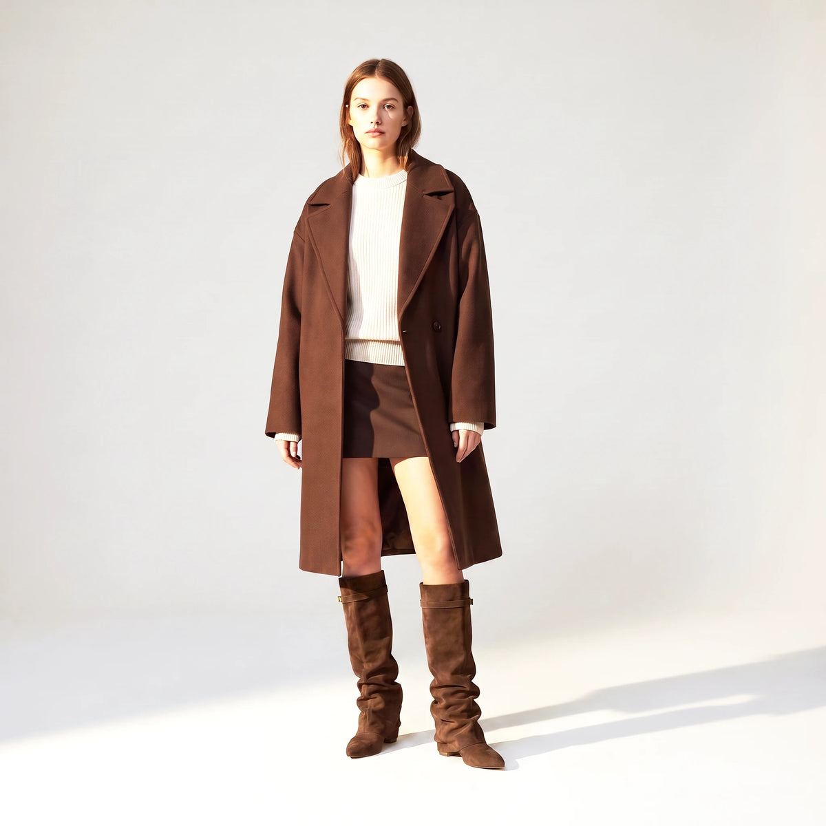 Woman wearing the dark brown Ravello knee boots with a wool coat