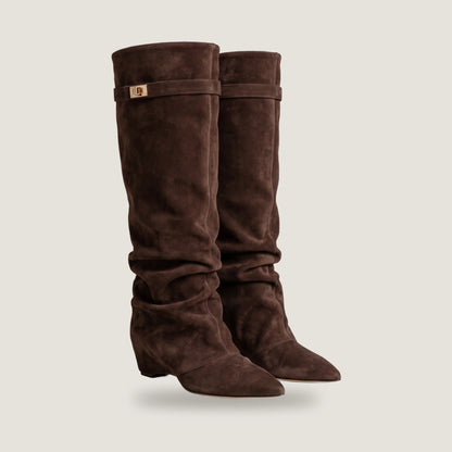 Pair of dark brown Ravello fold-over knee boots, three quarter view