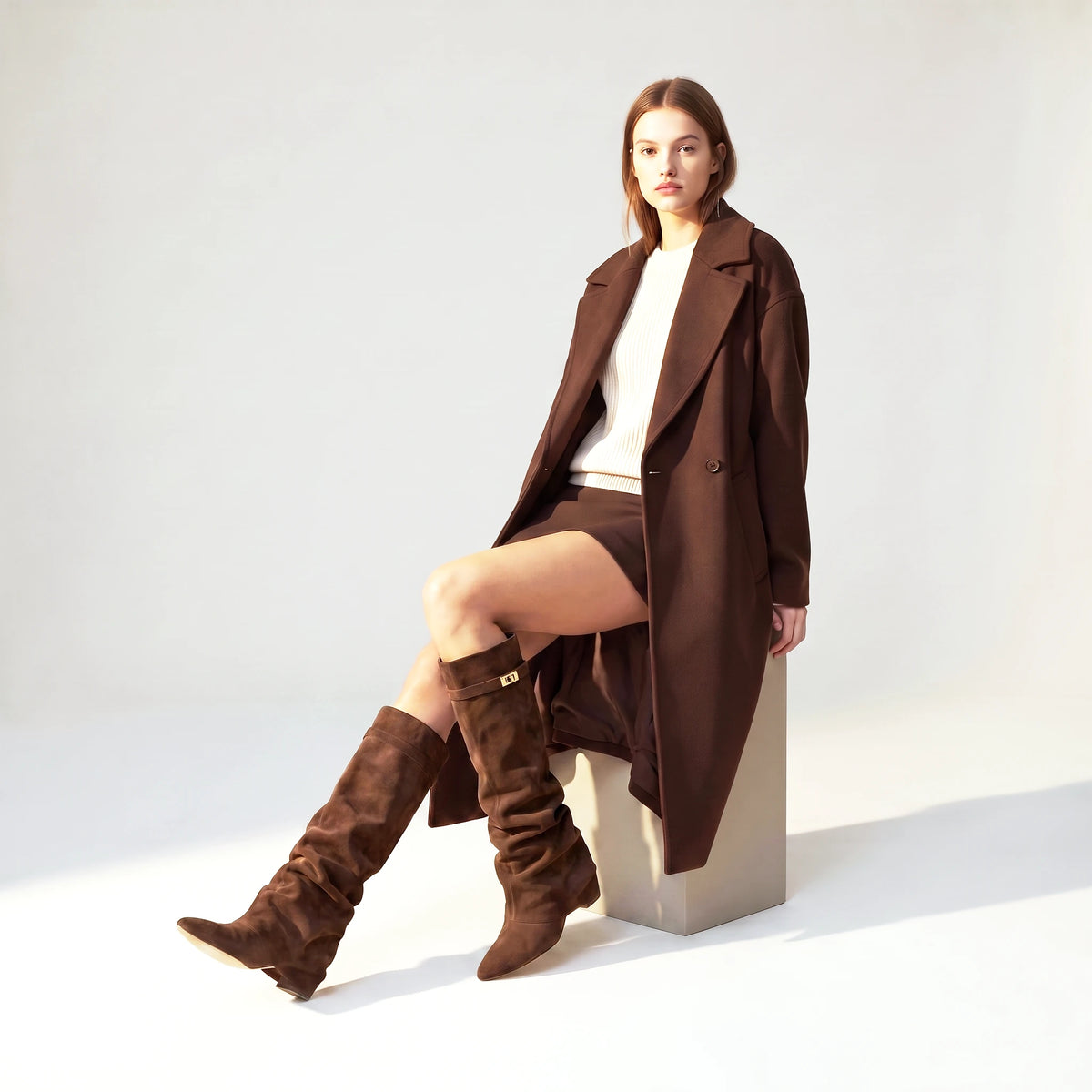 Seated view of the dark brown Ravello knee boots worn with bare legs