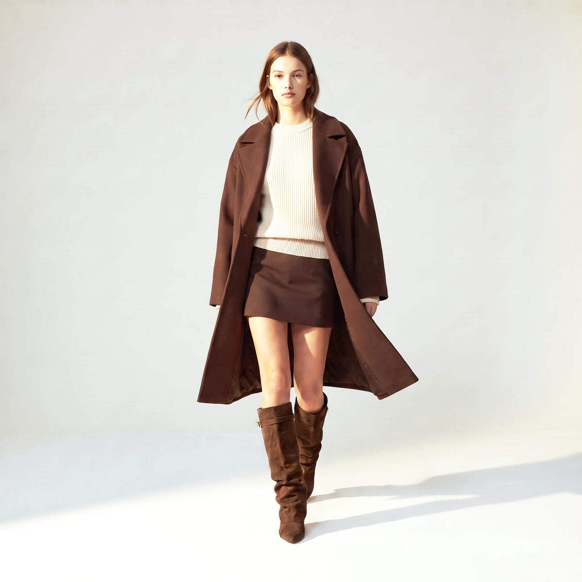 Woman walking in the dark brown Ravello knee boots, suede shaft in motion