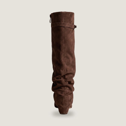 Back view of the dark brown Ravello knee boot showing the full length zip