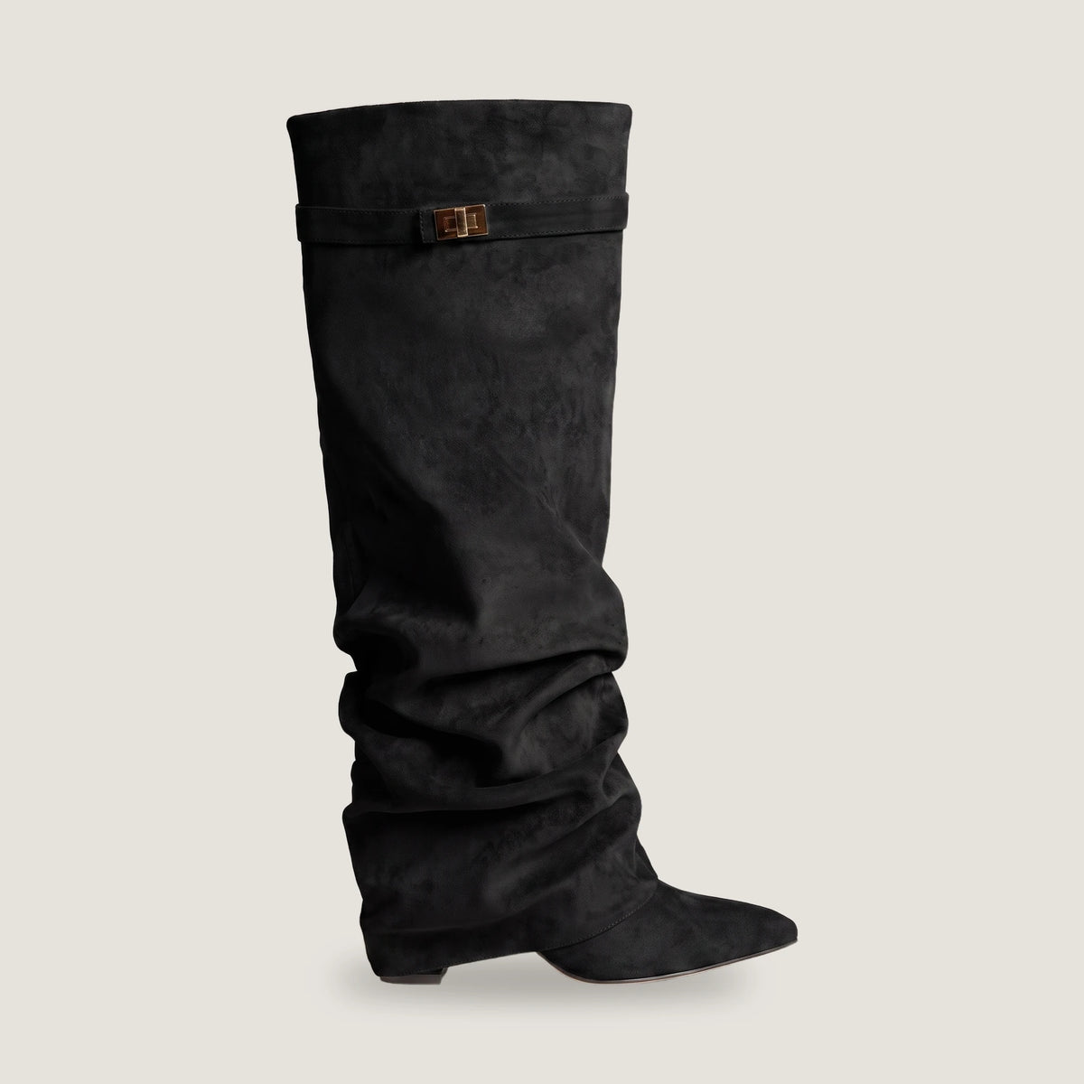 Ravello fold-over knee boot in black suede, side profile