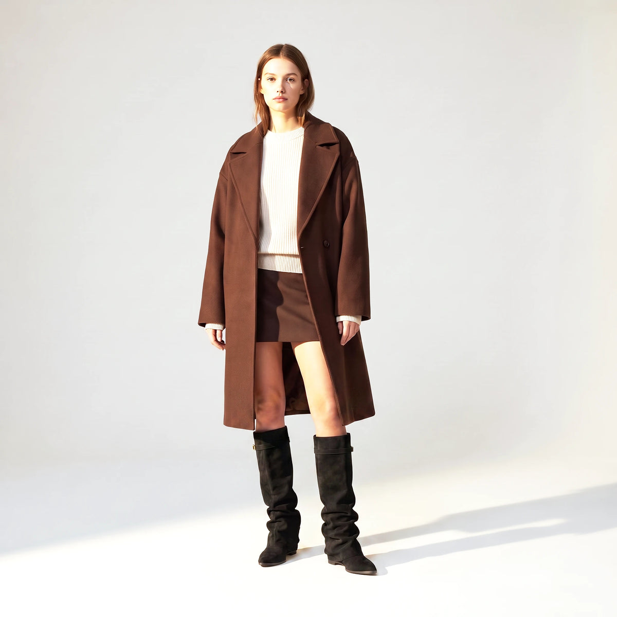 Woman wearing the black Ravello knee boots with a brown wool coat
