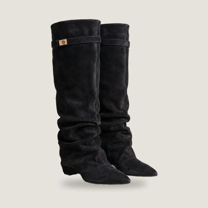 Pair of black Ravello fold-over knee boots, three quarter view