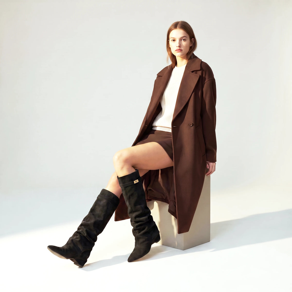 Seated view of the black Ravello knee boots worn with bare legs