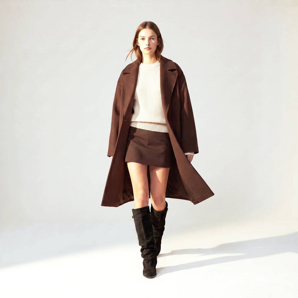 Woman walking in the black Ravello knee boots, suede shaft in motion