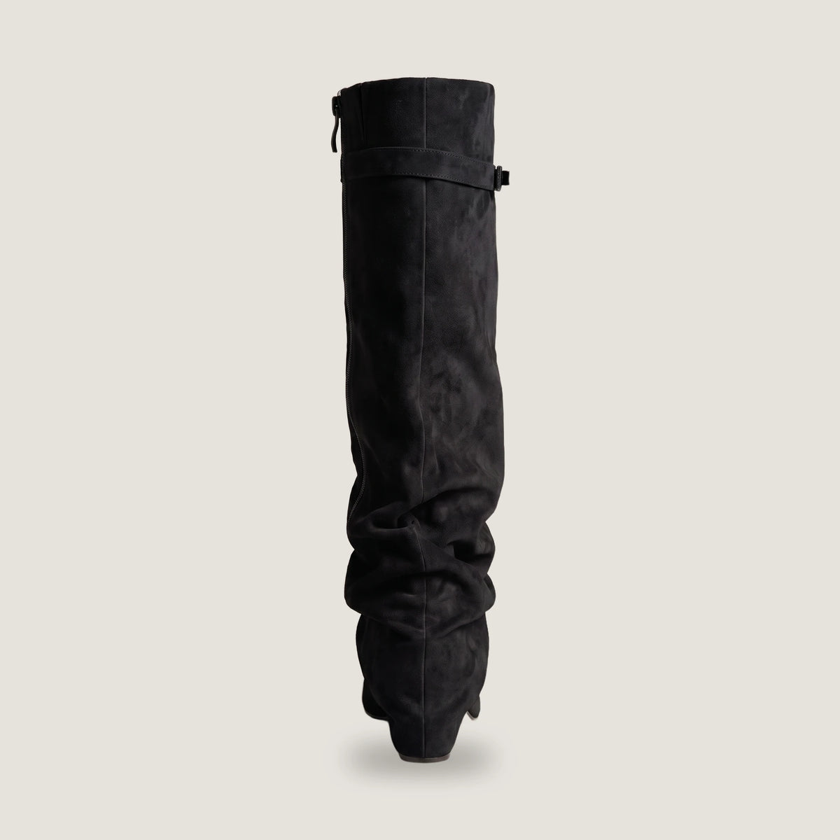 Back view of the black Ravello knee boot showing the full length zip