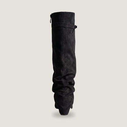 Back view of the black Ravello knee boot showing the full length zip