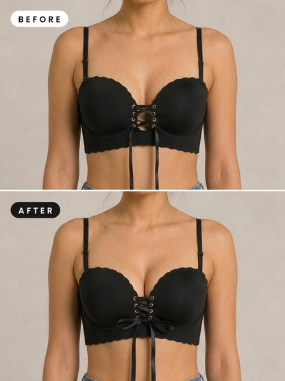 Vorher und nachher: Schnürung offen und flach, Schnürung zugezogen mit sichtbarem Push-up