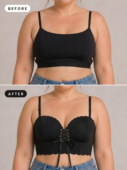 Vorher und nachher bei kurviger Figur: schlichtes Top gegen Push-up-BH mit breiten Seitenteilen